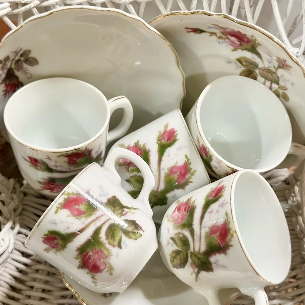 Moss Rose Floral Porcelain Demitasse and Footed Base Tea Cups and Saucers